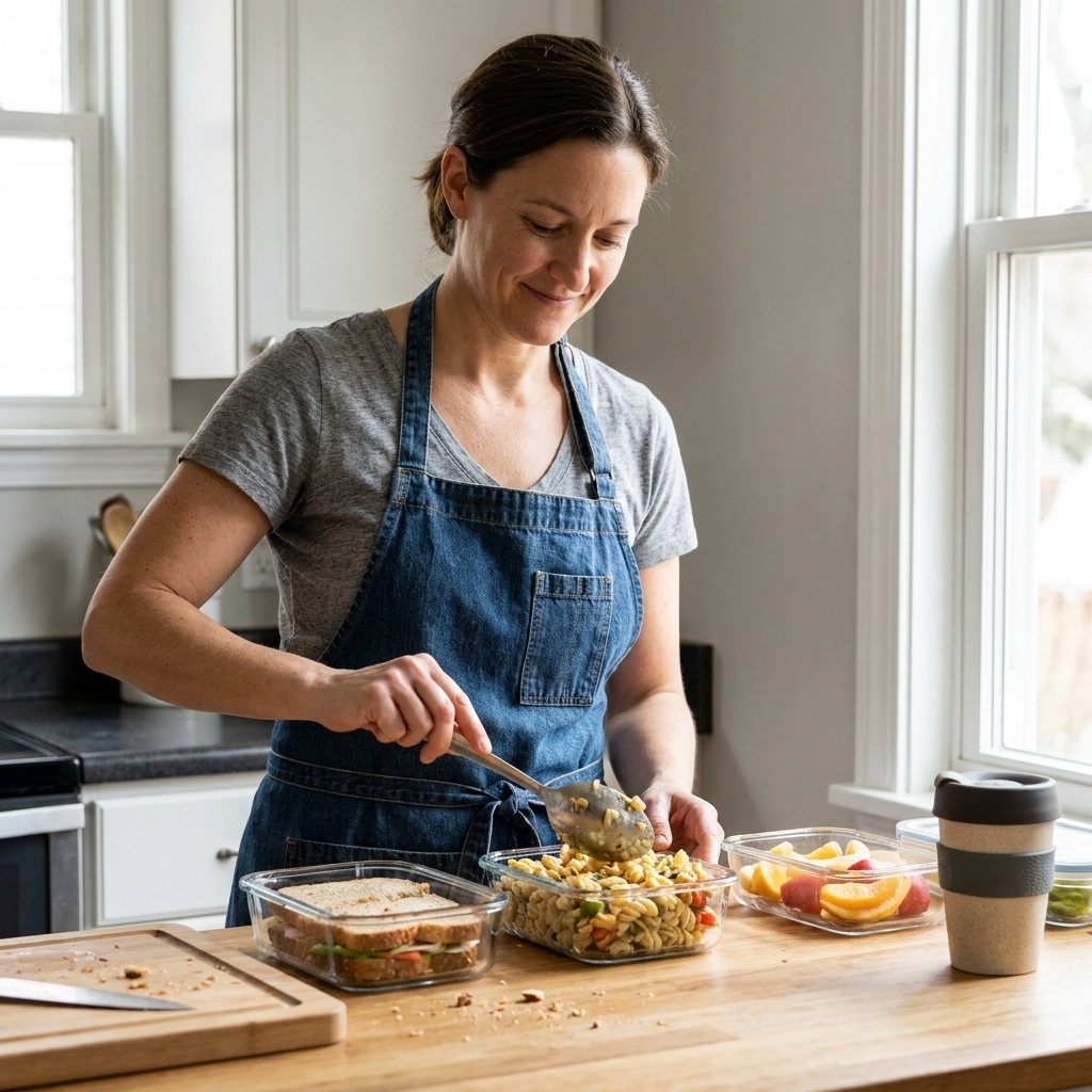 A person placing simple homemade lunches into reusable containers on a kitchen counter