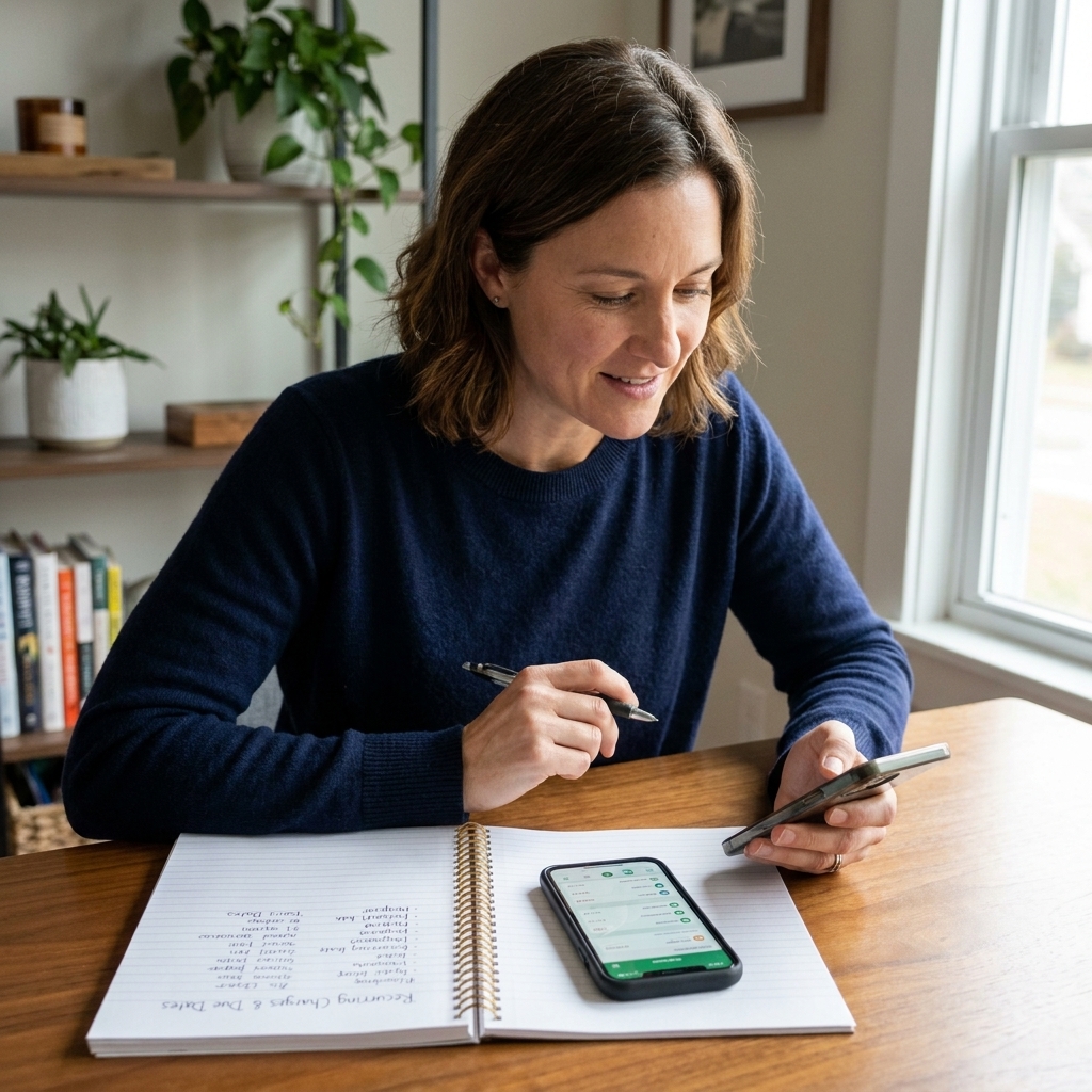 A person reviewing a list of recurring charges and due dates in a notebook beside a phone open to a budgeting app