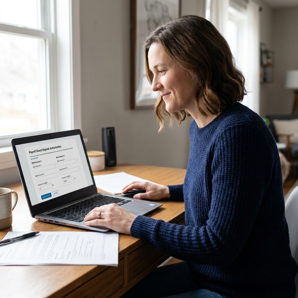 A person reviewing a payroll direct deposit form on a laptop, selecting two bank accounts for paycheck splitting at a desk.