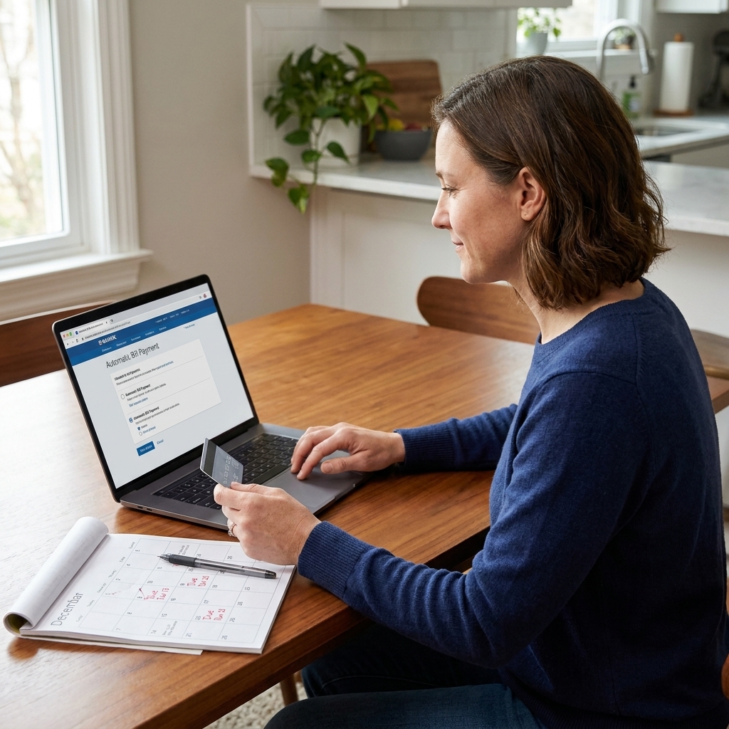 A person setting up automatic bill payment on a laptop at home with a credit card and a calendar on the table