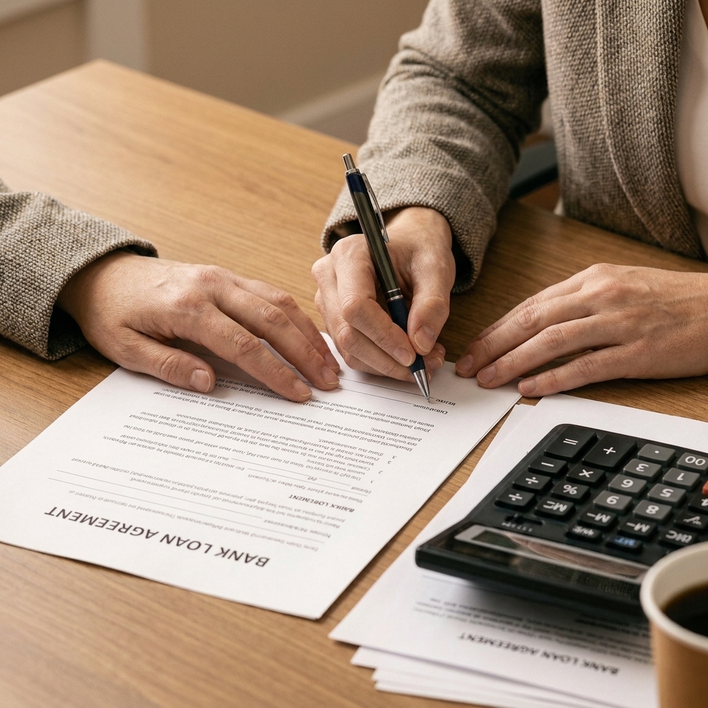 A person signing bank paperwork at a desk with a calculator and a pen, close-up on hands and documents