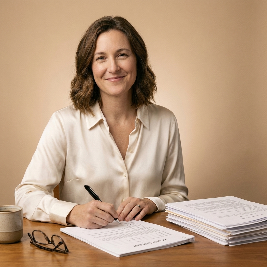 A person signing loan paperwork at a table with a pen and a neatly stacked set of documents