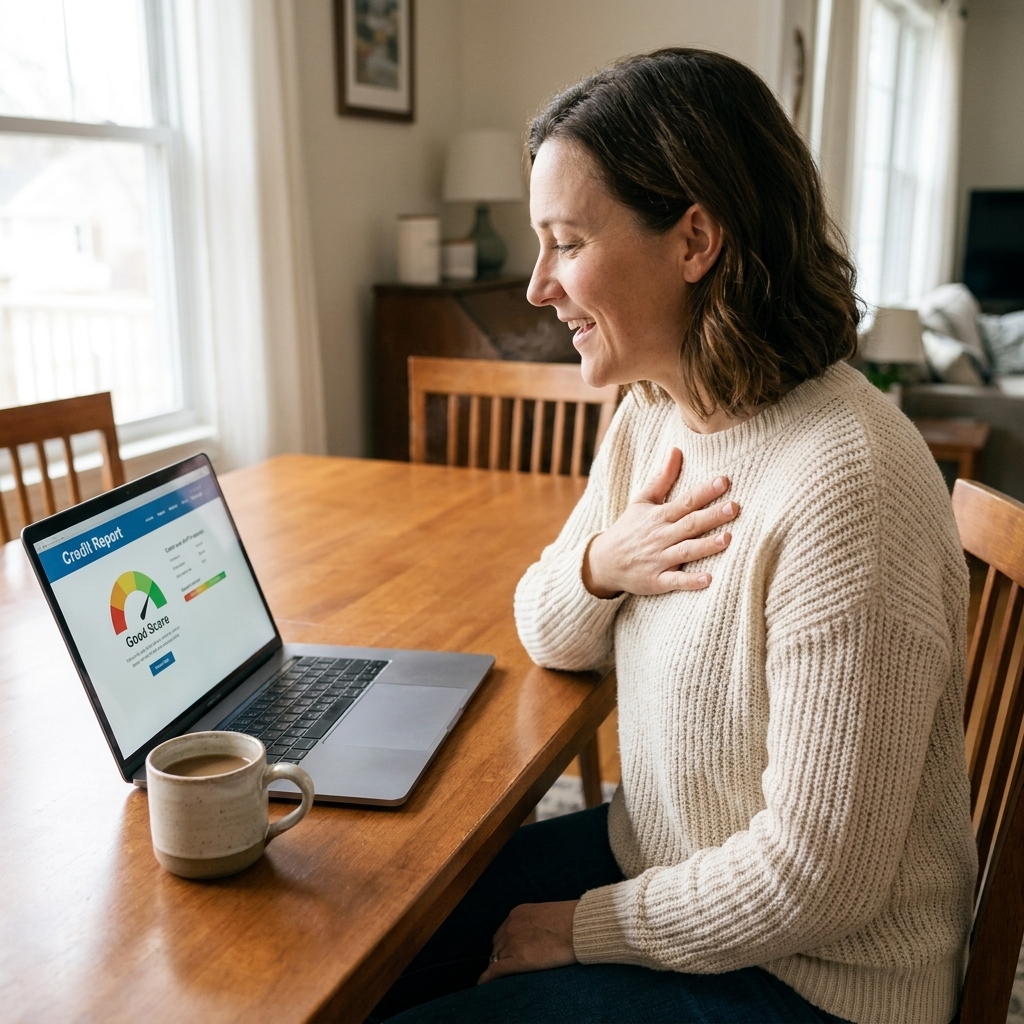 A person sitting at a dining table reviewing a credit report on a laptop with a cup of coffee nearby, looking relieved
