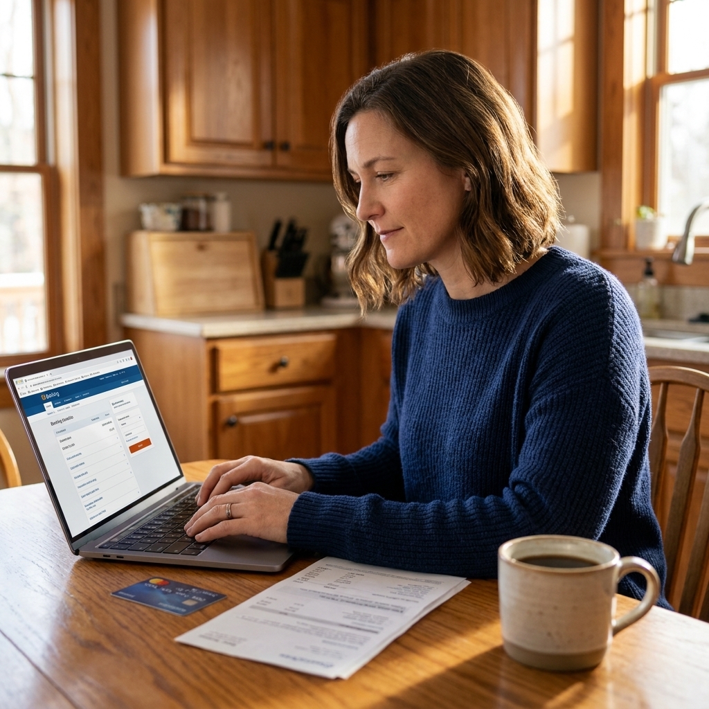 A person sitting at a kitchen table paying a credit card bill on a laptop, with a mug nearby and a calm, focused expression.