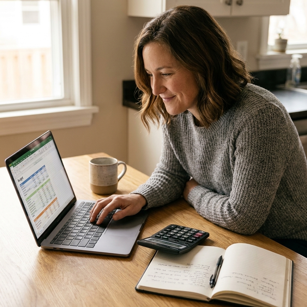 A person sitting at a kitchen table reviewing a budget on a laptop with a calculator and a notebook nearby