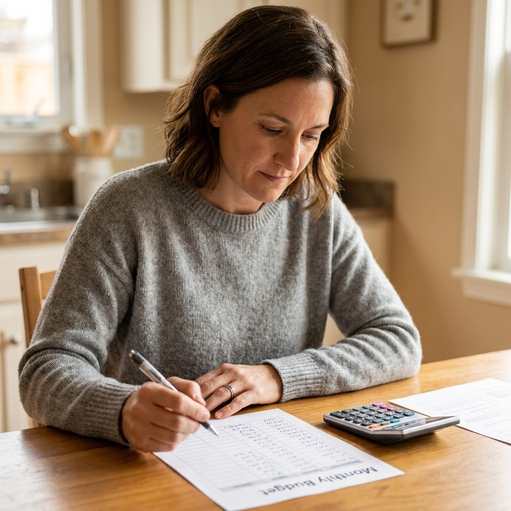 A person sitting at a kitchen table reviewing a monthly budget on paper with a pen and calculator nearby