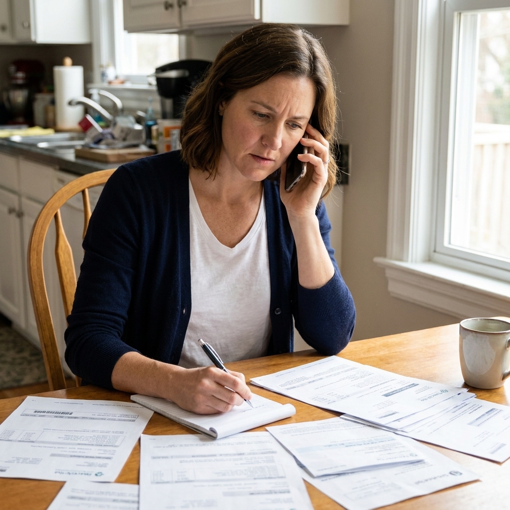 A person sitting at a kitchen table with medical bills spread out, writing notes on a notepad while talking on the phone
