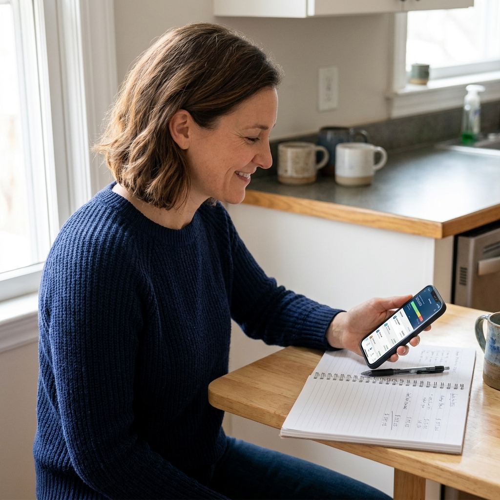 A person sitting at a small kitchen table checking a banking app on their phone with a notebook and pen beside them
