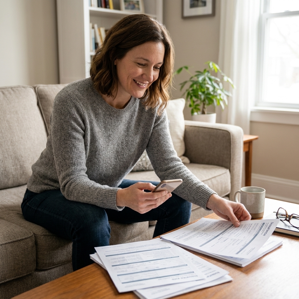 A person sitting on a couch holding a phone and looking at insurance paperwork on a coffee table, realistic home setting
