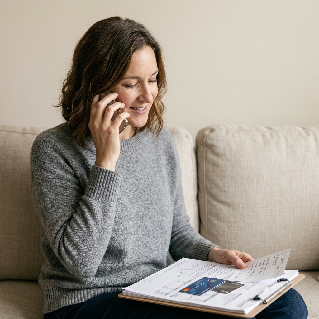 A person sitting on a couch making a phone call while reviewing credit card statements and notes on a clipboard