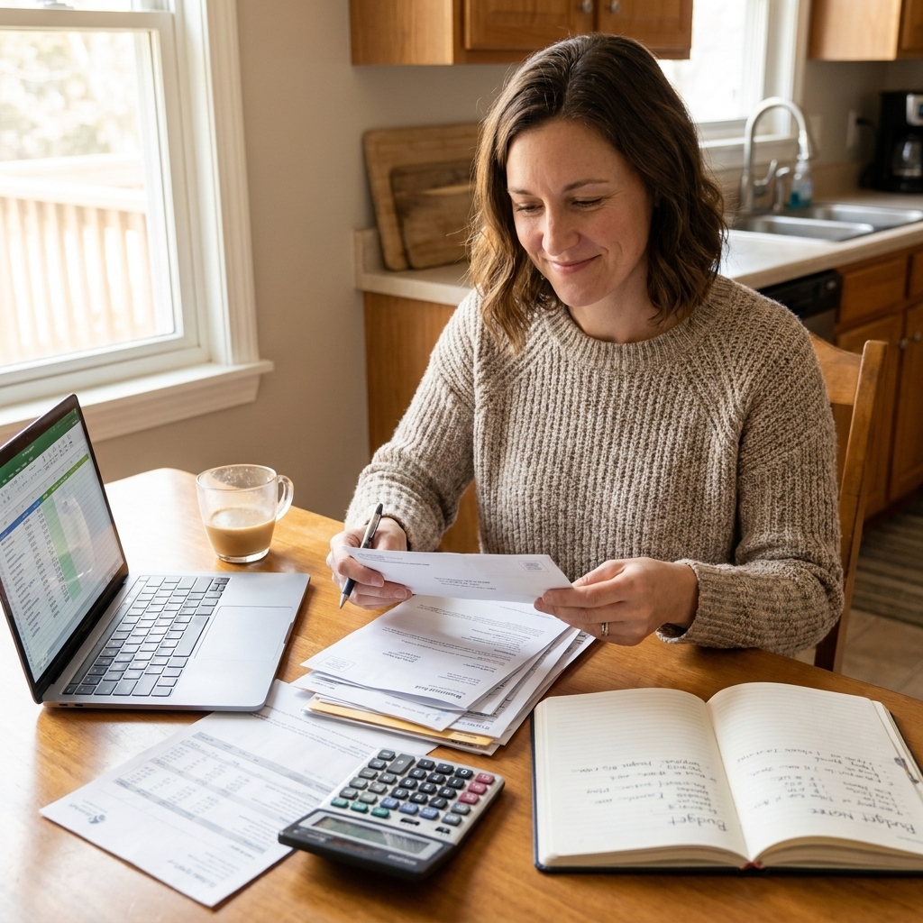 A person sorting mail and monthly bills on a kitchen table while preparing a budget