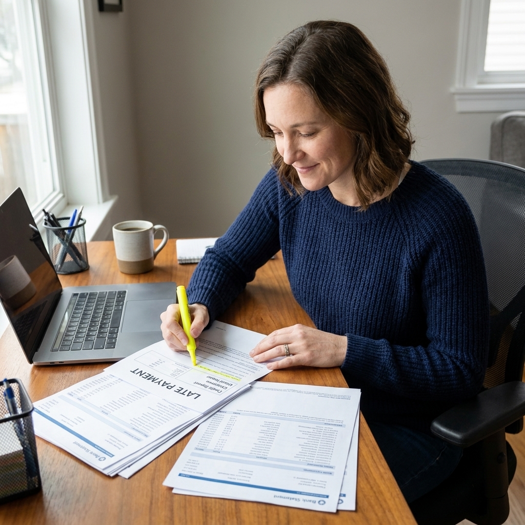 A person sorting printed bank statements and a credit report at a home desk, highlighting an incorrect late payment entry