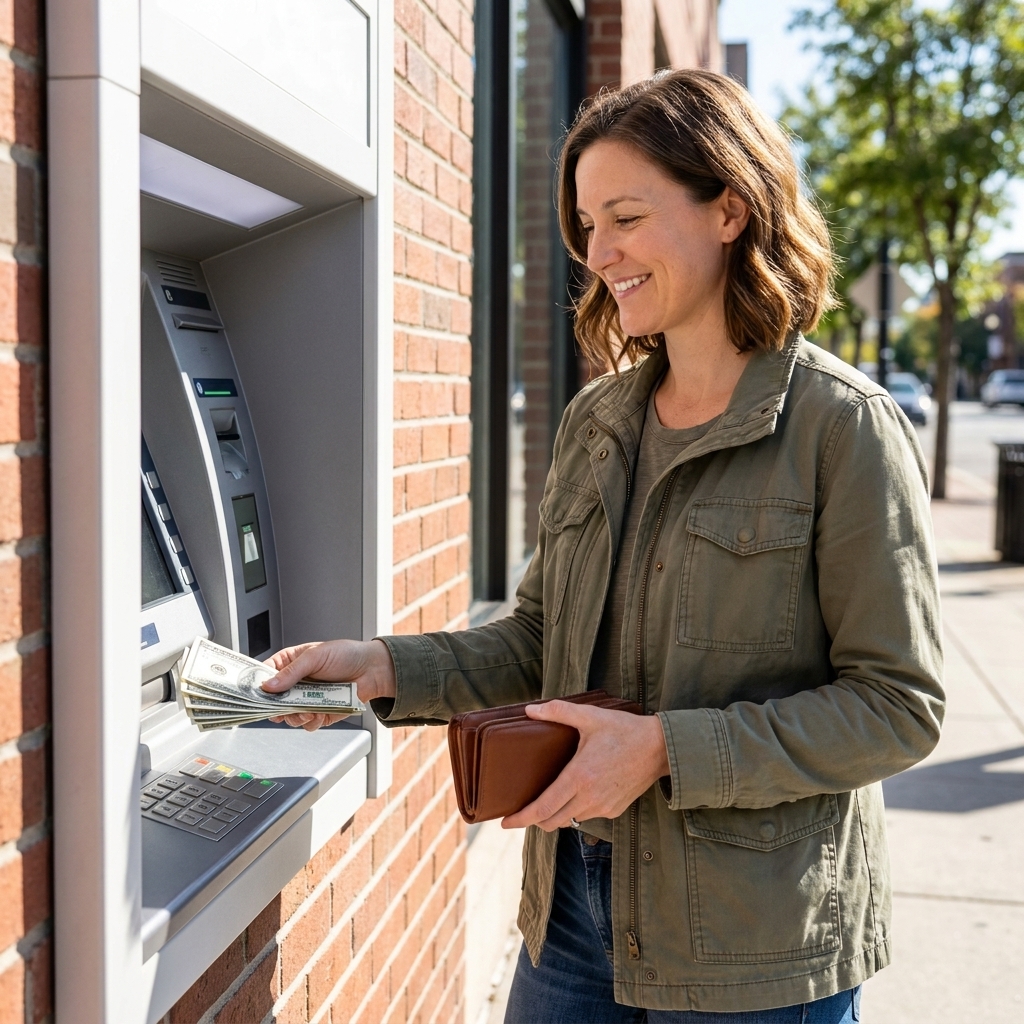 A person standing at an outdoor ATM depositing cash with a wallet in hand on a sunny day