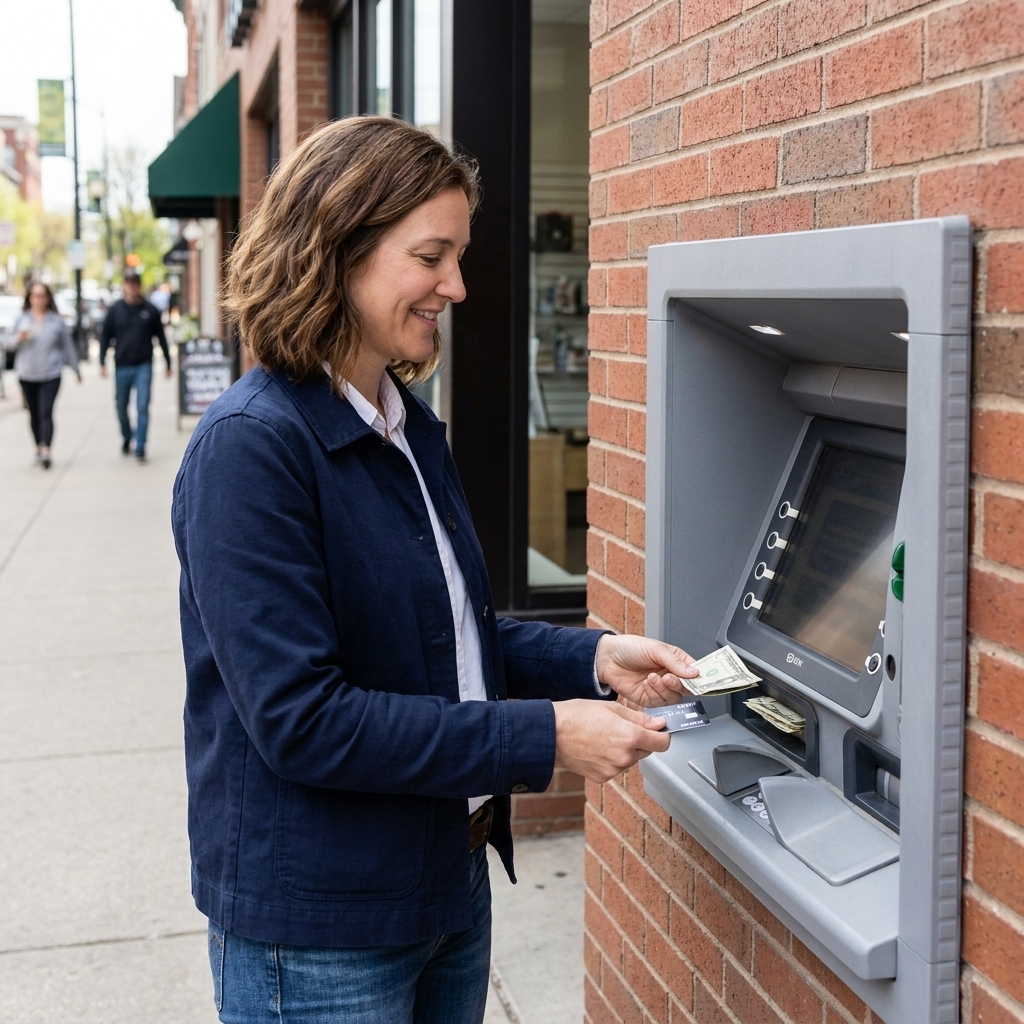 A person standing at an outdoor ATM in daylight withdrawing cash while holding a debit card, everyday street scene