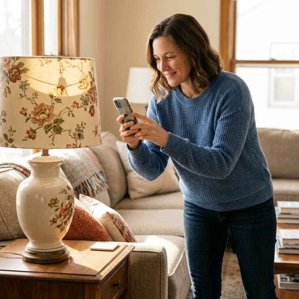 A person taking a photo of a used lamp in a living room with a smartphone, preparing to list it for sale