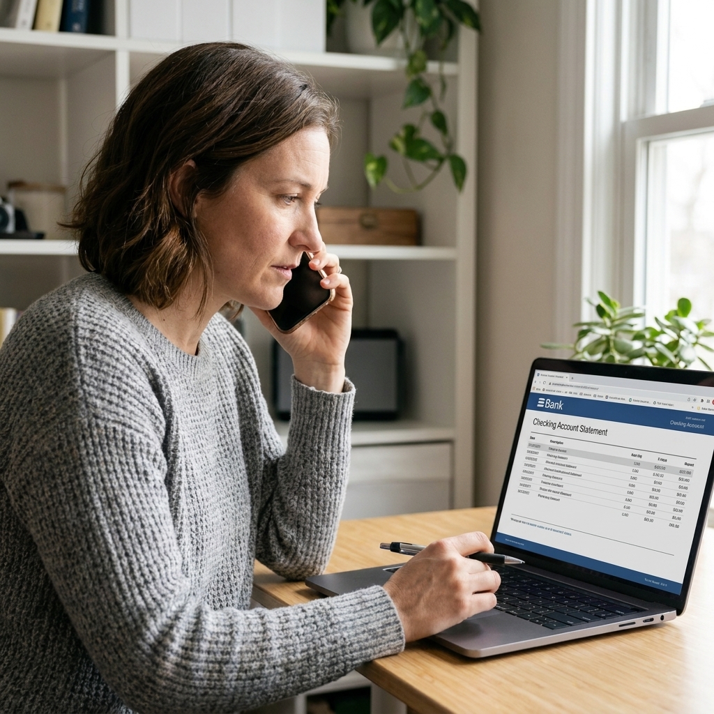 A person talking on a smartphone at home while viewing a checking account statement on a laptop, looking focused and prepared