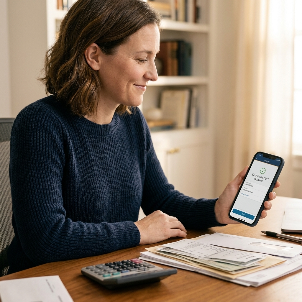 A person using a banking app to make an early credit card payment while sitting at a desk with a calculator and paper bills