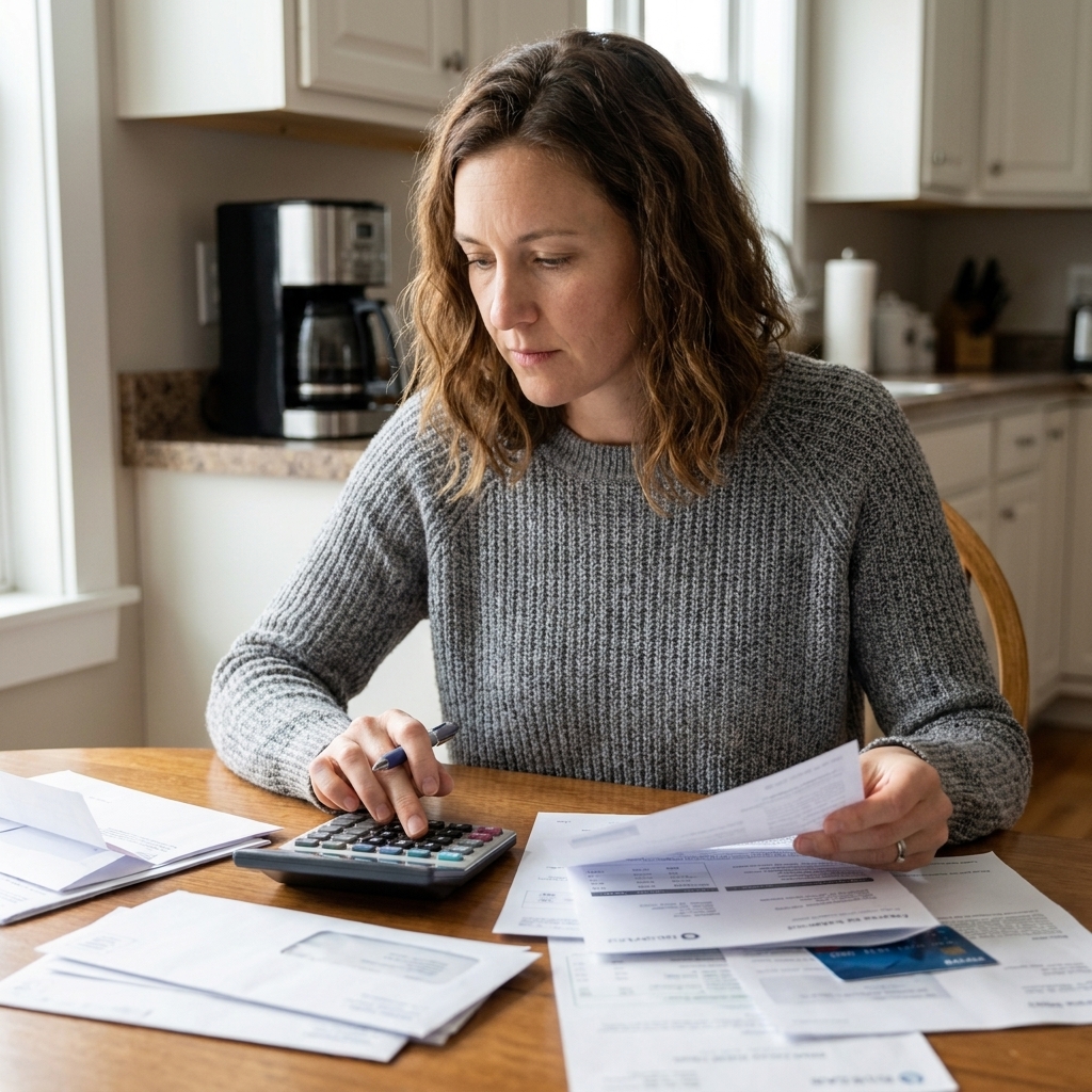 A person using a calculator while sorting credit card statements and bills on a kitchen table