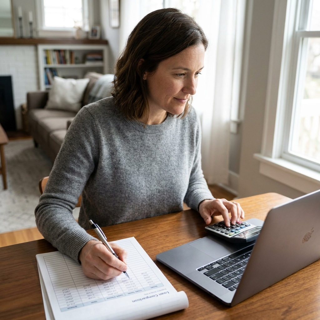 A person using a laptop and calculator at home while comparing loan rates and monthly payments on a notepad