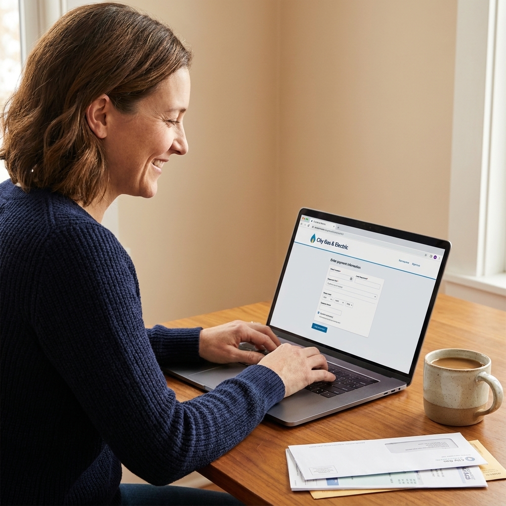 A person using a laptop to update payment details on a utility company website, with a cup of coffee and mail on the table