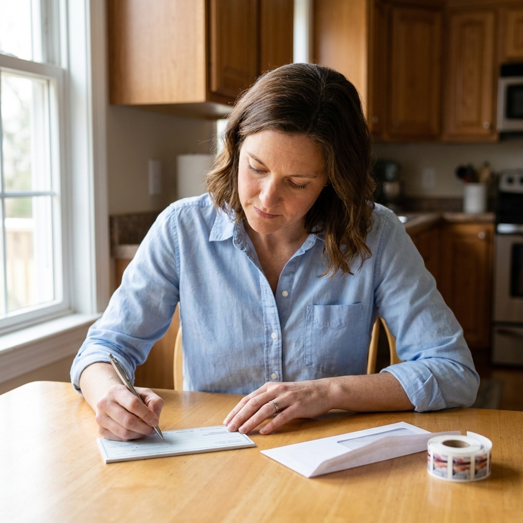 A person writing a check at a kitchen table with an envelope and stamp nearby, careful and deliberate