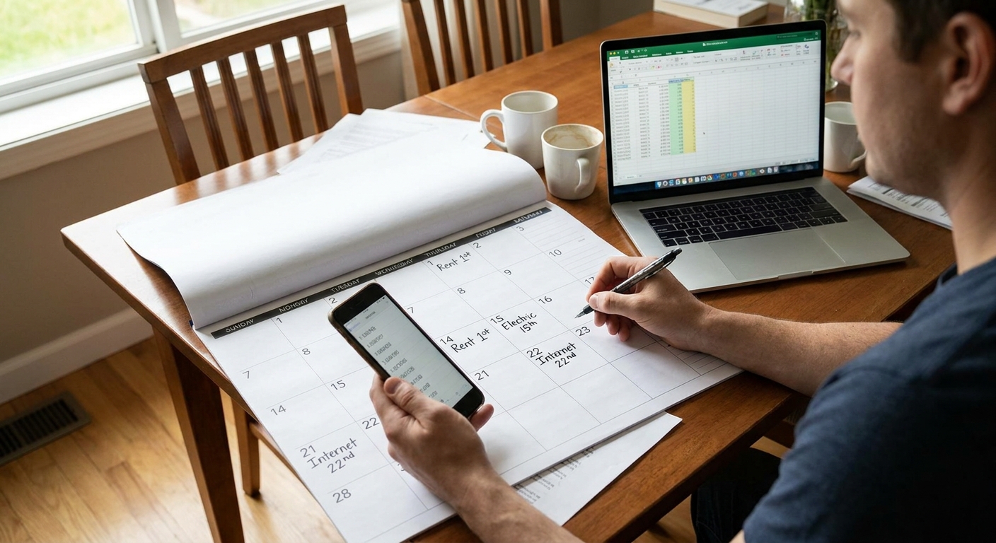 A person writing bill due dates into a monthly calendar at a dining table with a laptop open beside them