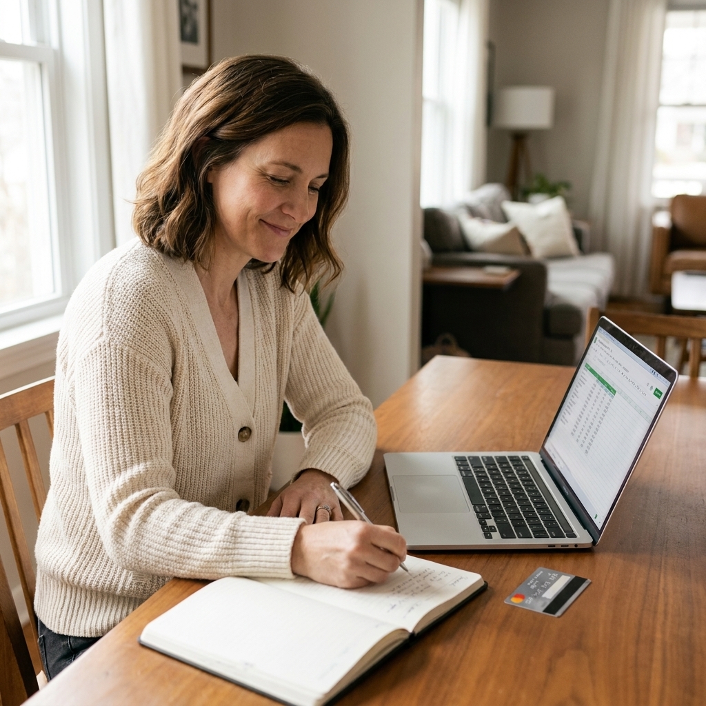 A person writing in a notebook next to an open laptop and a bank card on a wooden table at home