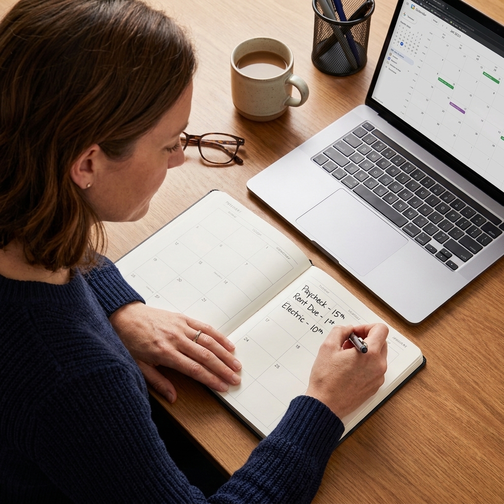 A person writing paycheck dates and bill due dates in a simple notebook planner beside a laptop, overhead view