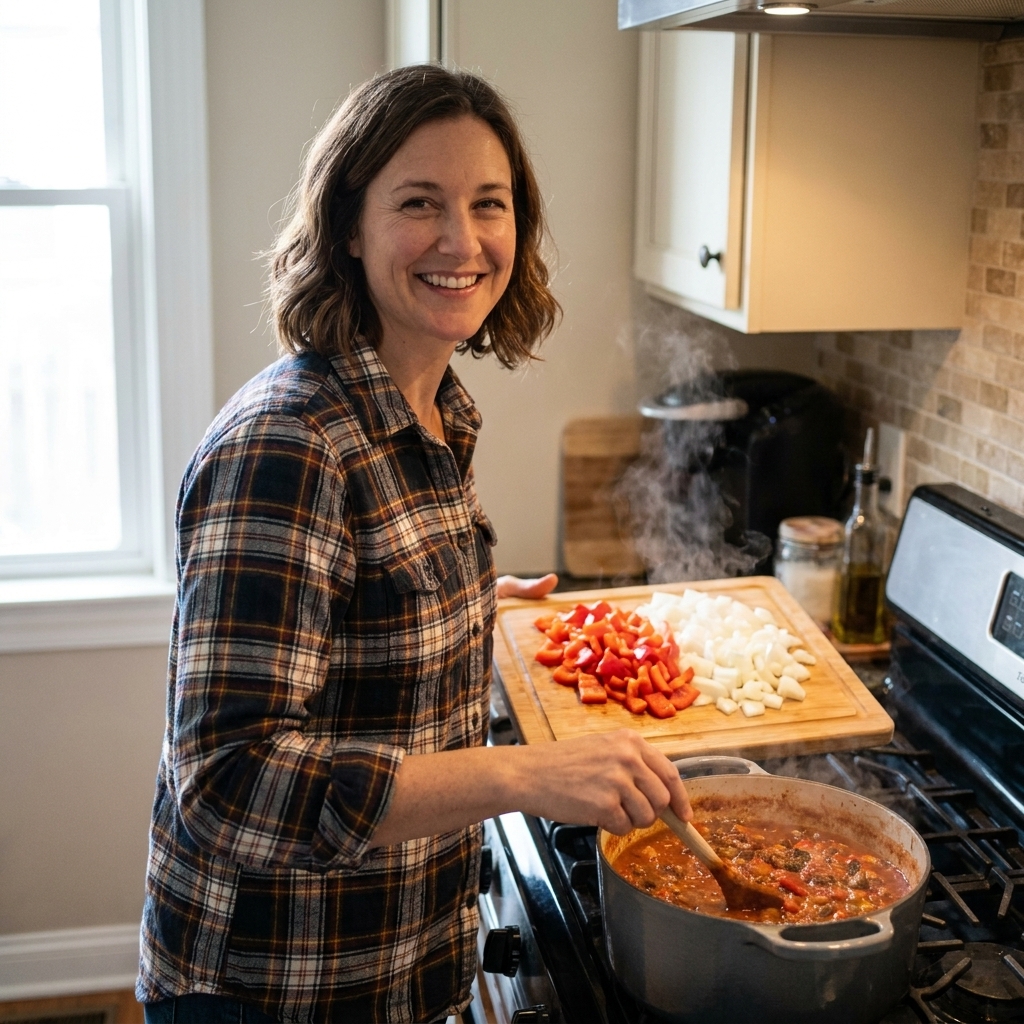 A pot of chili simmers on a stovetop while chopped onions and bell peppers sit on a cutting board nearby.