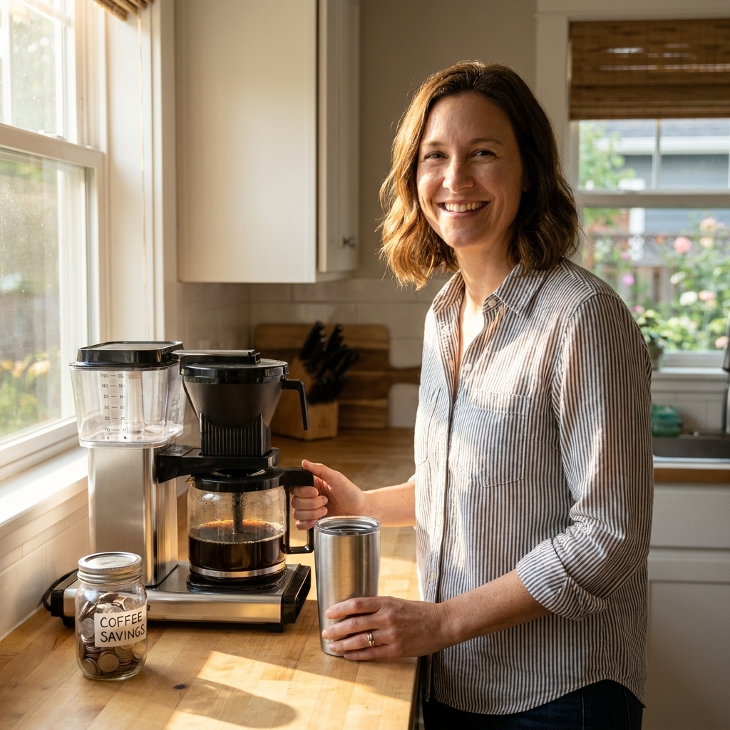 A reusable coffee mug next to a home coffee maker on a kitchen counter in morning light, suggesting saving money by skipping cafe drinks