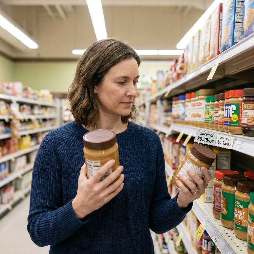 A shopper compares two sizes of the same pantry item while looking at the unit price on the shelf tag.