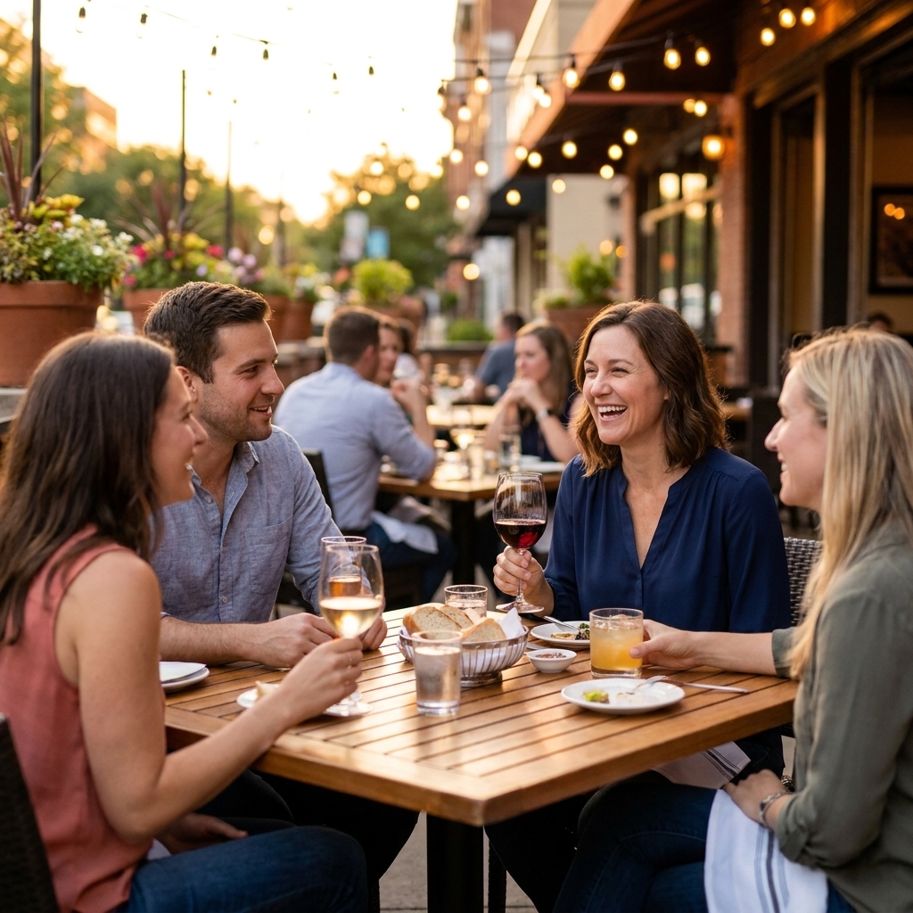 A small group of friends sitting at an outdoor restaurant patio table in the early evening, talking and sharing drinks