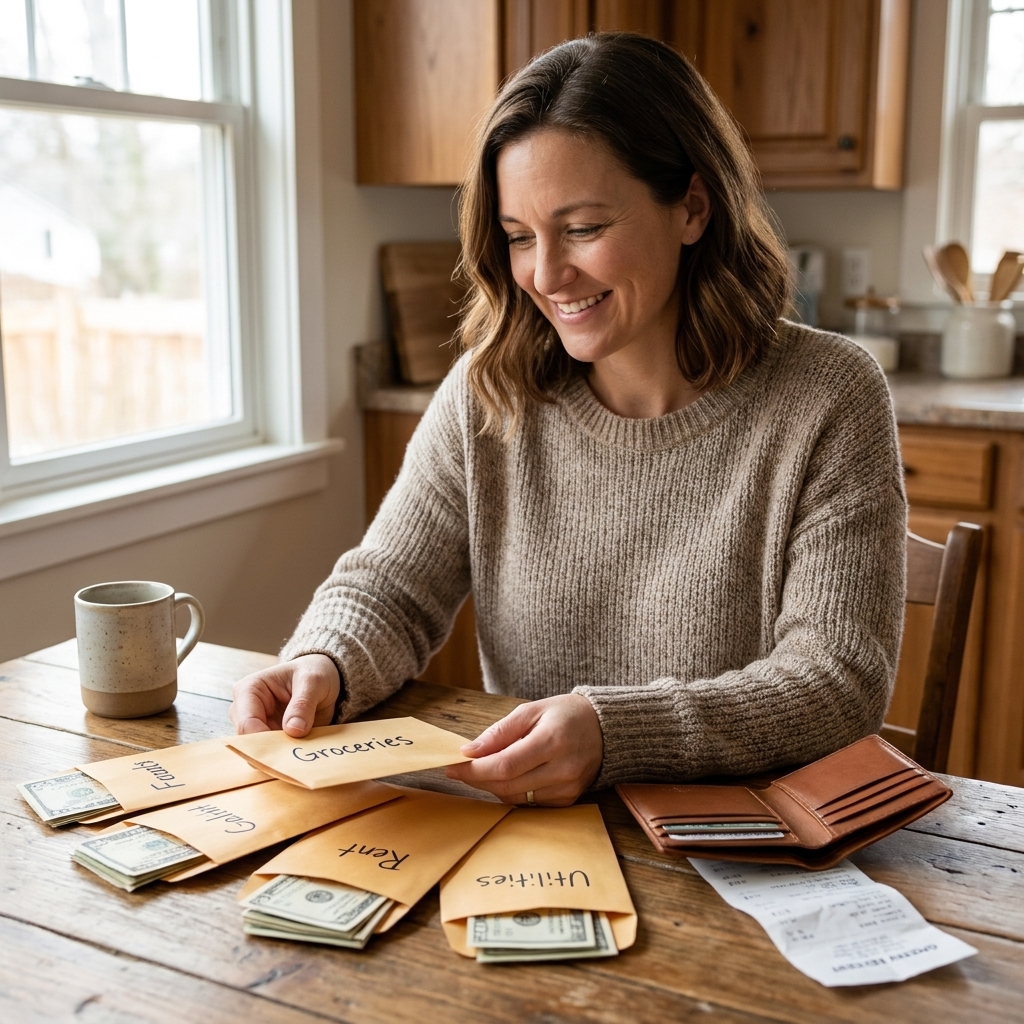 A small stack of labeled cash envelopes spread out on a kitchen table, each partially filled with bills, next to a wallet and a receipt