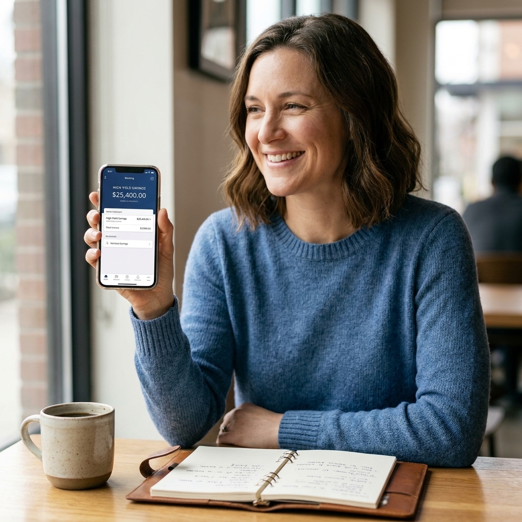 A smartphone held in one hand showing a high-yield savings account balance screen, with a coffee mug and notebook on a table.