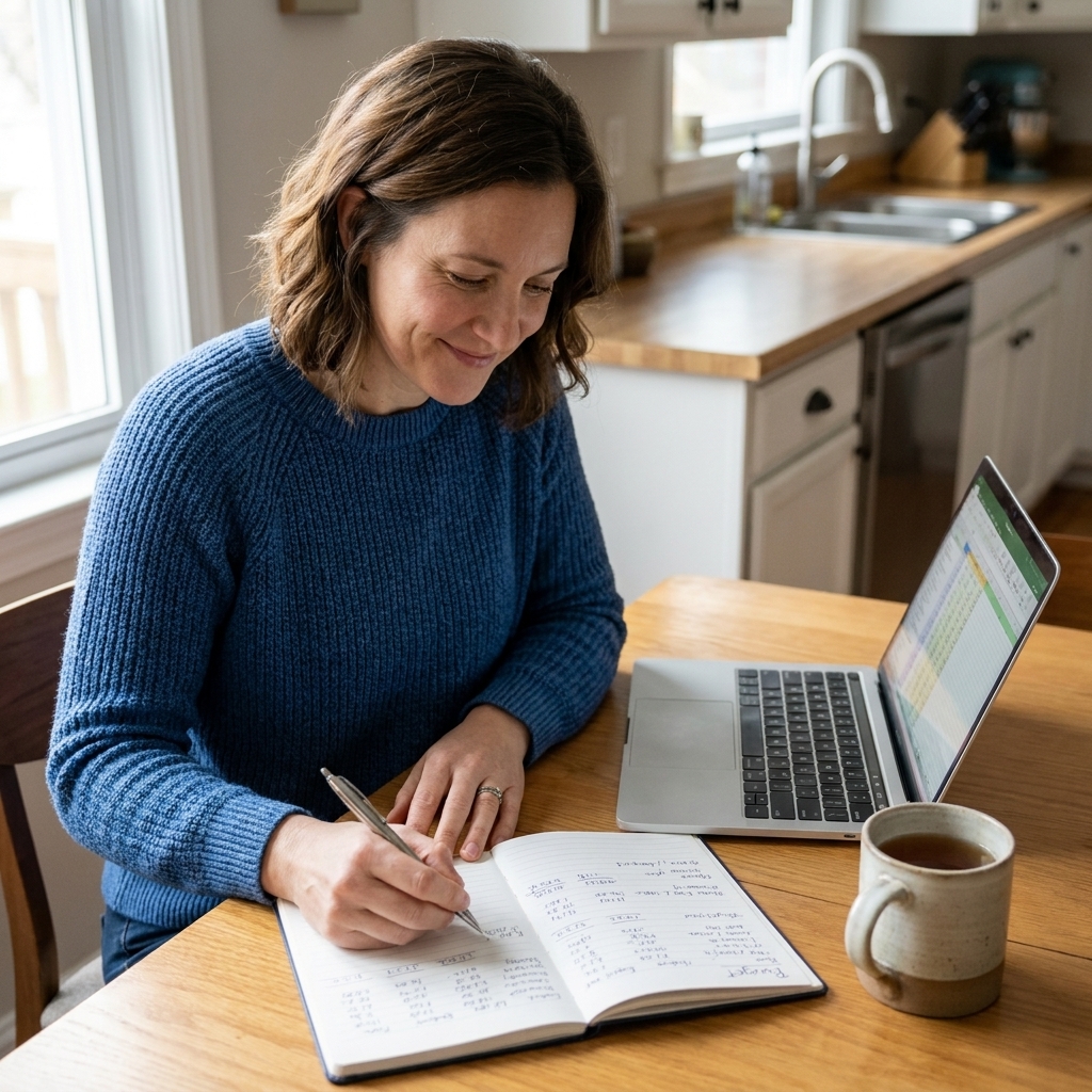 A woman reviewing a budget notebook at a kitchen table with a laptop and a cup of tea nearby