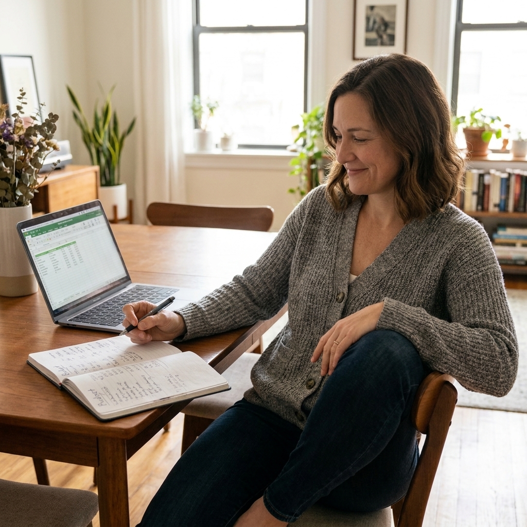 A woman sitting at a dining table reviewing a budget notebook beside a laptop, relaxed posture in a cozy apartment setting