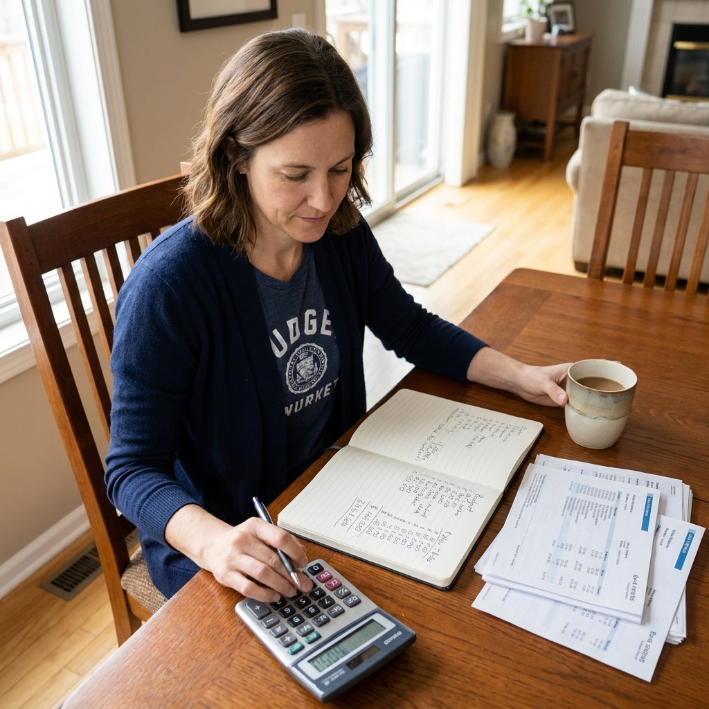 A woman sitting at a dining table reviewing a handwritten budget in a notebook with a calculator and bank statements nearby
