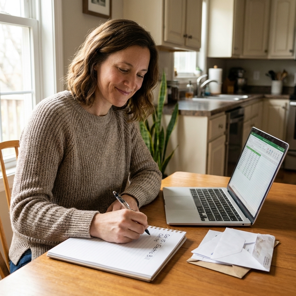 A woman sitting at a kitchen table writing bill due dates in a notebook next to an open laptop and a small stack of envelopes