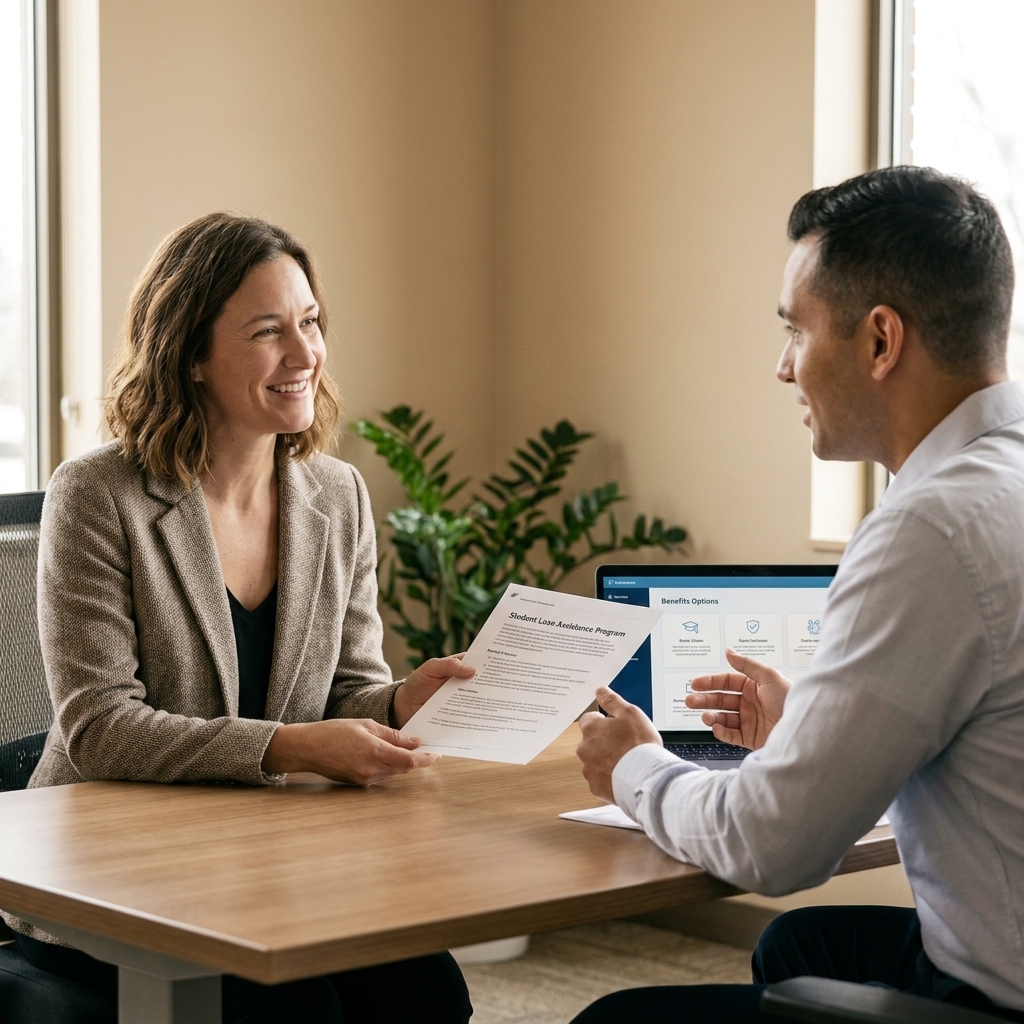 An employee sitting across from an HR representative in an office, discussing workplace benefits that may include student loan repayment