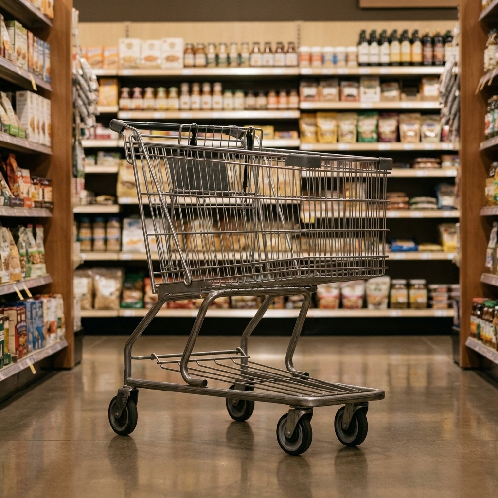 An empty metal shopping cart in a grocery store aisle with shelves in the background, suggesting mindful shopping and fewer impulse buys