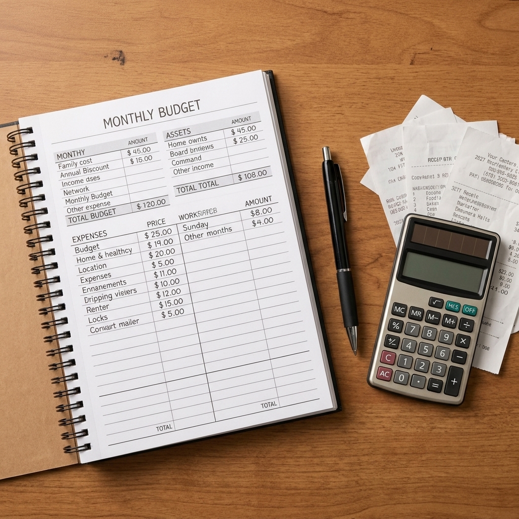 An open budget planner notebook on a desk with a pen, a calculator, and a few receipts next to it
