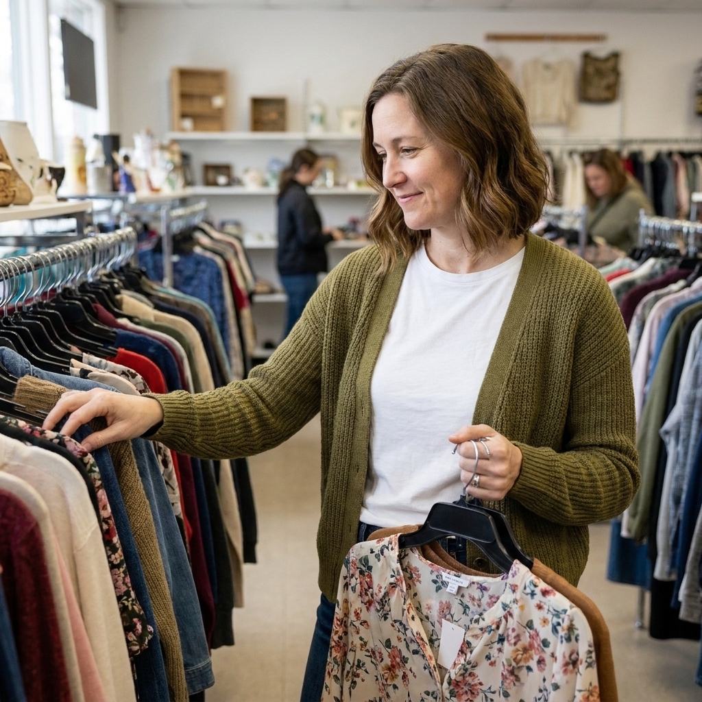 Chloe Davidson browsing a clothing rack in a thrift store aisle, holding a few hangers and smiling thoughtfully