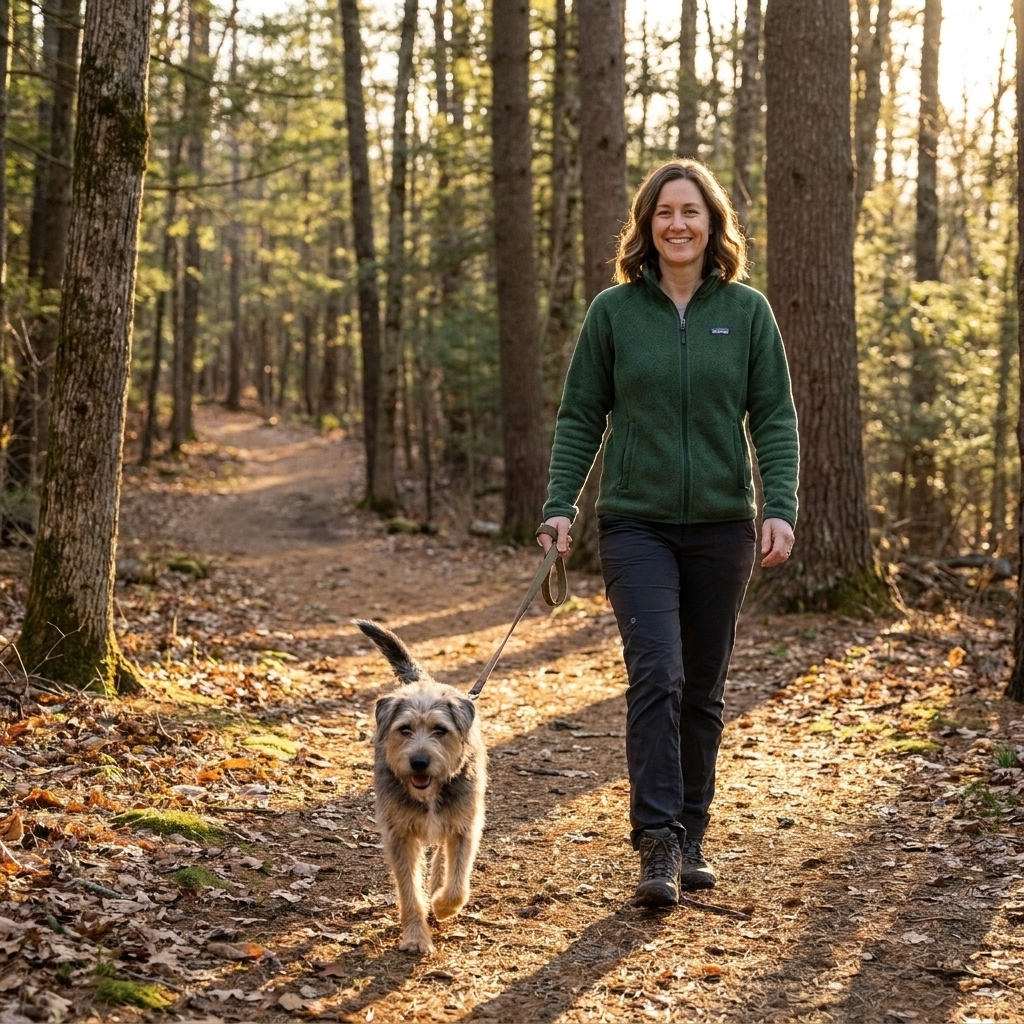 Chloe Davidson hiking on a wooded trail with her rescue dog Barnaby on a leash, golden afternoon light