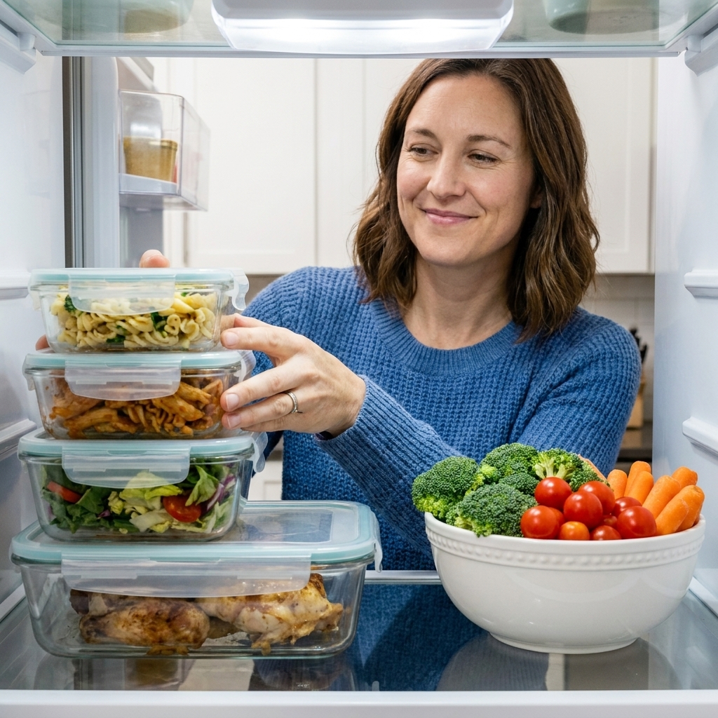 Clear food containers with leftovers are stacked neatly on a refrigerator shelf next to a bowl of fresh vegetables.