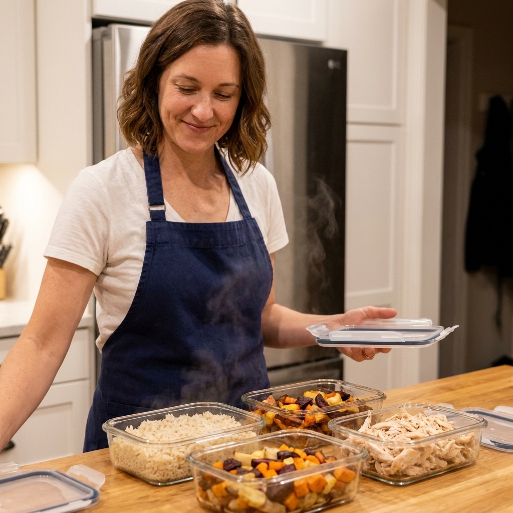 Glass food storage containers filled with cooked rice, roasted vegetables, and shredded chicken cooling on a kitchen counter before being put in the refrigerator