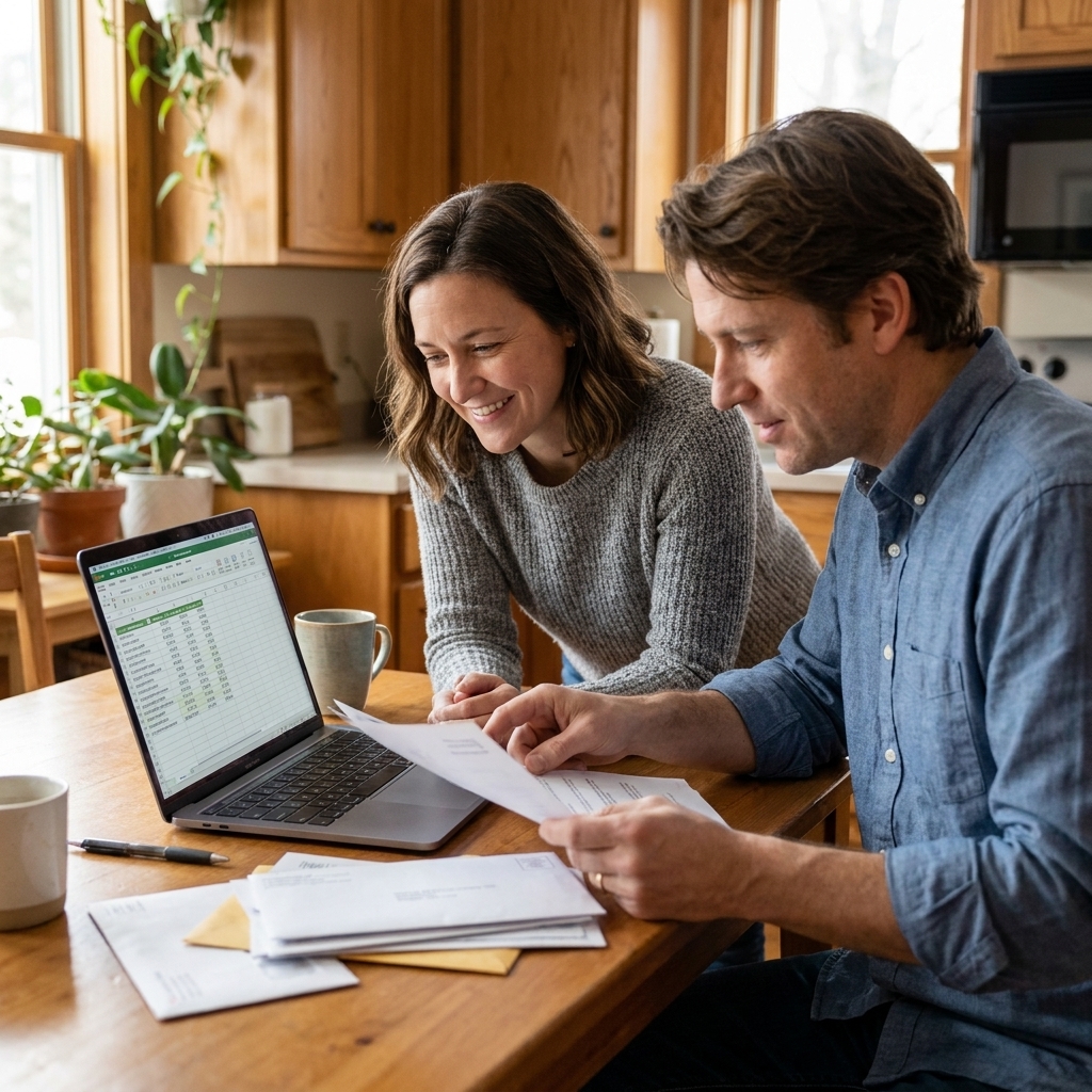 Two adults reviewing household bills together at a kitchen table with a laptop and a stack of mail, candid home setting