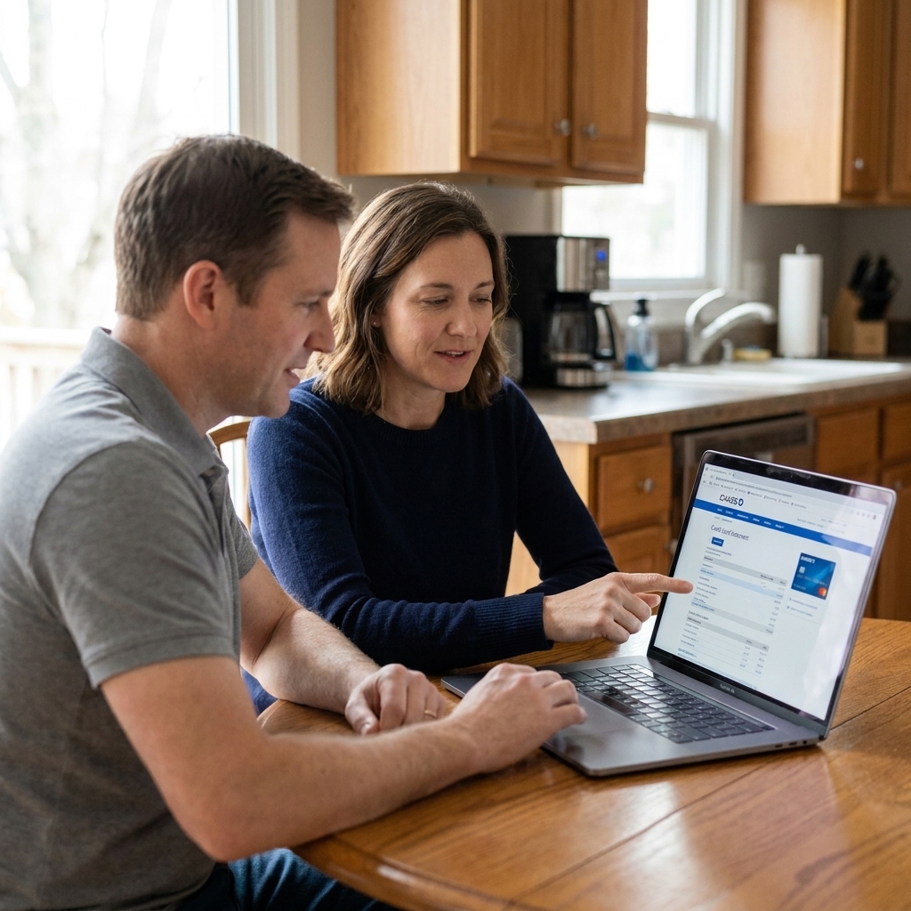 Two adults sitting at a kitchen table reviewing a credit card account on a laptop together while talking calmly.