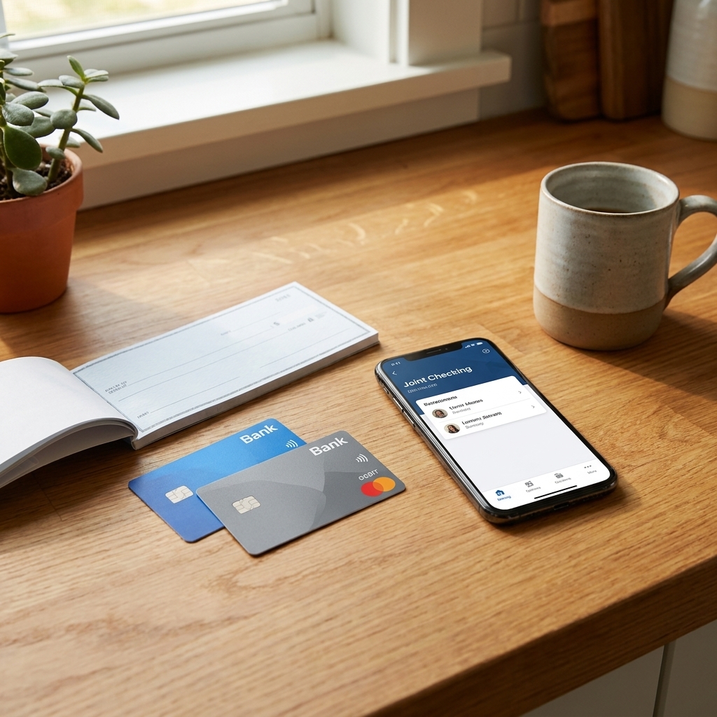 Two debit cards and a checkbook beside a smartphone banking app on a kitchen counter, suggesting a shared checking account setup